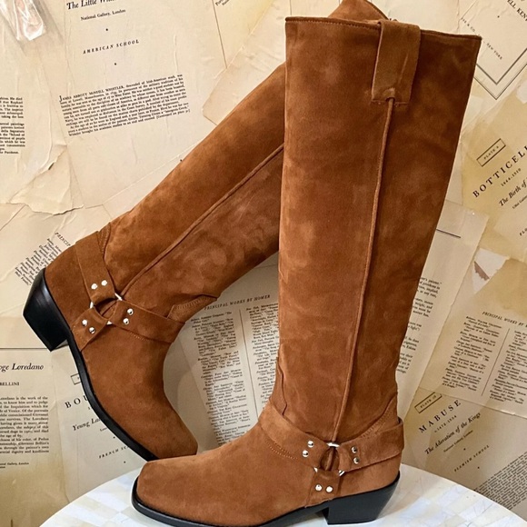 Free People Lockhart Harness Tall Boots Western Pull On Tan Brown Suede - Picture 6 of 9